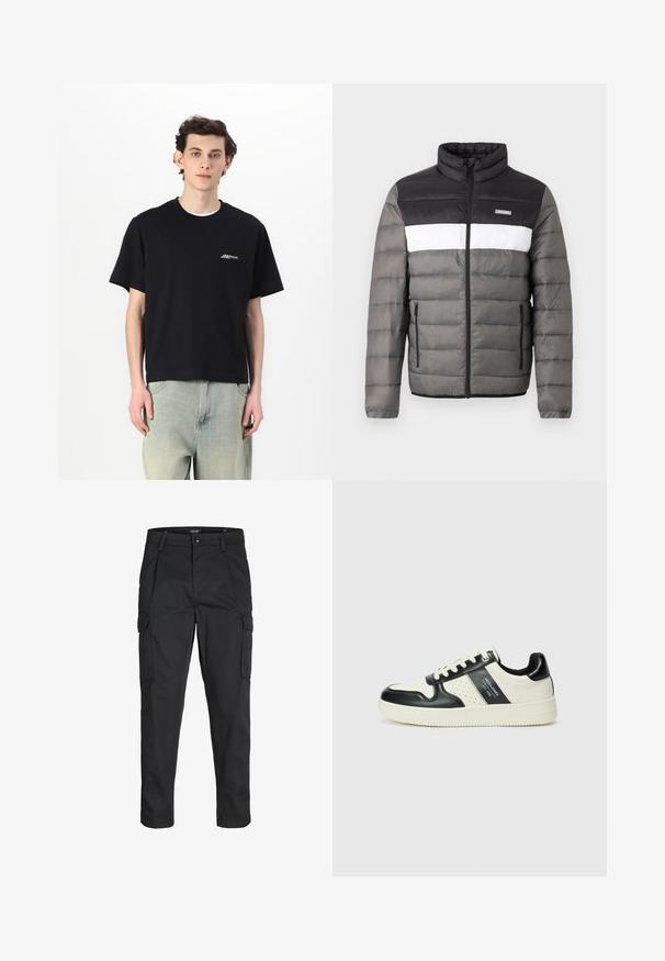 Pufasta jakna u crnoj, bijeloj i sivoj boji. Ima stojeći ovratnik, prednji zatvarač i vertikalne džepove. Tekstuirani dijelovi s kviltanim uzorkom.; Crna pamučna majica kratkih rukava s okruglim izrezom i bijelim logotipom na prsima, u kombinaciji sa svijetloplavim trapericama.; Crne cargo hlače izrađene od čvrstog materijala, s brojnim džepovima, kopčanjem na gumb i dizajnom koji pomaže da se prilagode tijelu sa suženim nogavicama.; Kožne tenisice s crno-bijelom paletom boja, koje imaju perforirane akcentne detalje, podstavljeni ovratnik i teksturiranu potplat.