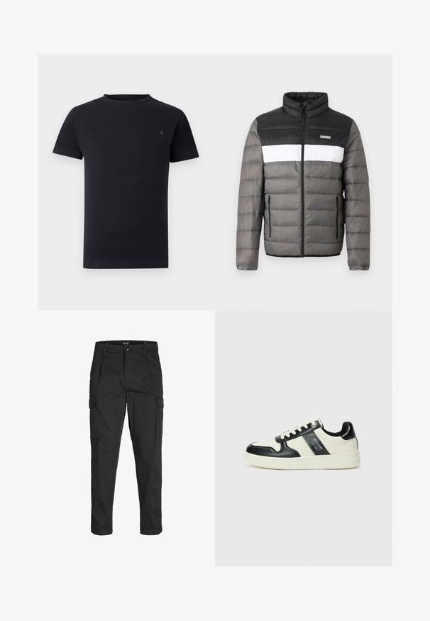 Nafukovacia bunda v čiernej, bielej a šedej farbe. Obsahuje stojatý golier, predný zips a vertikálne vrecká. Textúrované časti s prešívaným vzorom.; Čierne tričko s krátkym rukávom a okrúhlym výstrihom, s malým vyšitým logom na ľavej hrudi, jednoduchý dizajn, voľný strih.; Čierne cargo nohavice z odolnej látky, s viacerými vreckami, gombíkovým zapínaním a úzkym strihom so zúženými nohavicami.; Kožené tenisky v čierno-krémovej farbe, s perforovanými akcentmi, polstrovaným golierom a štruktúrovanou podrážkou.