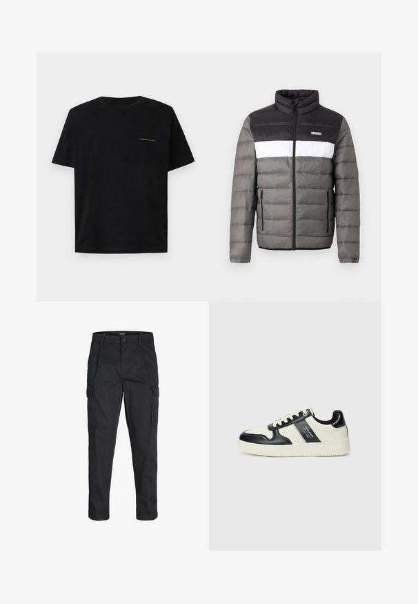 Puffer jacket in black, white, and gray. Features a stand collar, front zip, and vertical pockets. Textured sections with quilted pattern.; Black cotton t-shirt, short sleeves, crew neckline, featuring small green text on the left chest area, smooth texture.; Black cargo pants made of sturdy fabric, featuring multiple pockets, a button closure, and a slim fit design with tapered legs.; Leather sneakers with a black and cream color scheme, featuring perforated accents, a padded collar, and a textured outsole.