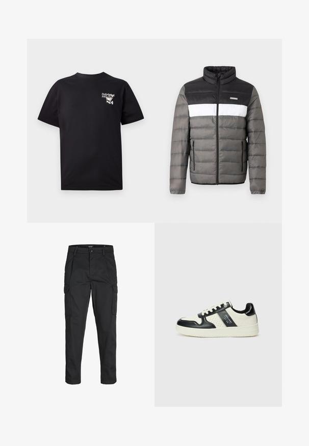 Puffer jacket in black, white, and gray. Features a stand collar, front zip, and vertical pockets. Textured sections with quilted pattern.; Black cotton t-shirt with short sleeves, crew neck, featuring a white graphic design on the left chest area.; Black cargo pants made of sturdy fabric, featuring multiple pockets, a button closure, and a slim fit design with tapered legs.; Leather sneakers with a black and cream color scheme, featuring perforated accents, a padded collar, and a textured outsole.