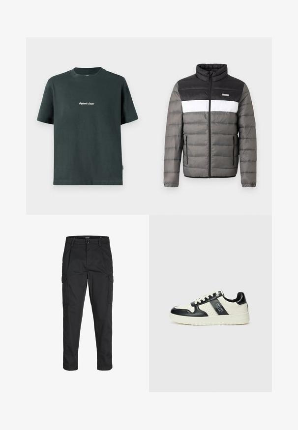 Puffjakke i svart, hvitt og grått. Har stående krage, glidelås foran og vertikale lommer. Teksturerte seksjoner med quiltet mønster.; Mørkegrønn bomulls t-skjorte med rund hals, korte ermer og hvit brodert tekst "Original Studio" på brystet. Glatt tekstur.; Sorte cargo bukser laget av slitesterkt stoff, med flere lommer, knappelukking og en slim fit-design med avsmalnede ben.; Lædersneakers med sort og creme farveskema, der har perforerede detaljer, en polstret krave og en struktureret ydersål.