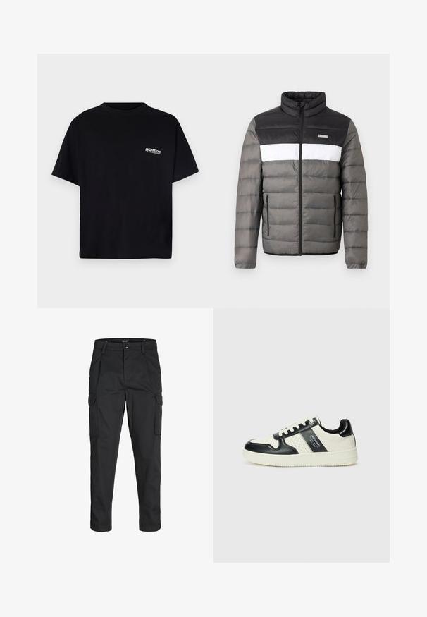 Felkupolos dzseki fekete, fehér és szürke színekben. Álló gallérral, elöl cipzárral és függőleges zsebekkel rendelkezik. Textúrált részek kviltelt mintával.; Fekete pamut póló kerek nyakkal, rövid ujjakkal és fehér logóval a bal mellrészen. Egyszerű, díszítések nélküli kivitel.; Fekete cargo nadrág, amely tartós anyagból készült, több zsebet tartalmaz, gombos záródással rendelkezik, és karcsú szabású, szűkített lábakkal bír.; Fekete és krém színű bőrsneaker, perforált díszítésekkel, párnázott bokapánttal és texturált talppal.