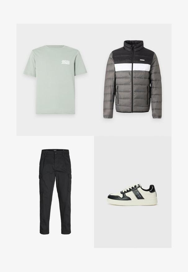 Mustang-jakk mustriga must, valge ja hall. Omab kõrget kraed, ees paelaga sulgemist ja vertikaalseid taskuid. Jope on kaetud tekstureeritud sektsioonidega, millel on tikkimismuster.; Hele roheline puuvillane T-särk ümmarguse kaelusega ja lühikeste varrukatega. Vasakul rinnal on valge logo "JACK & JONES".; Mustad mustapõlvik, mis on valmistatud tugeva koe kasutades, sisaldab mitmeid taskuid, nupule kinnitatav sulgemine ja kitsenev disain.; Nahatud nahkkingad musta ja kreemi värviskeemiga, millel on perforeeritud aktsendid, pehme krae ja tekstureeritud tallad.