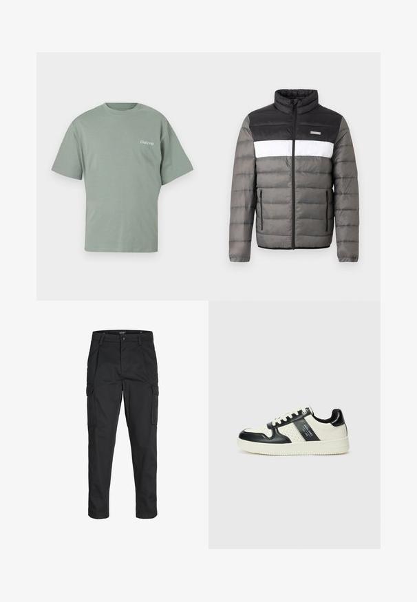 Puffer-takki mustassa, valkoisessa ja harmaassa. Varustettu korkea kaulus, etuvetoketju ja pystysuorat taskut. Teksturoitu alue, jossa on tikattu kuvio.; Mintvihreä puuvillapaita, jossa on pyöreä kaula-aukko, lyhyet hihat ja pieni "Club1990" -printti vasemmassa rinnassa.; Mustat cargo-housut, jotka on valmistettu kestävästä kankaasta. Housuissa on useita taskuja, nappisulku ja kapea istuvuus, jossa on kapenevat lahkeet.; Nahkakengät musta-kerma värimaailmassa, joissa on rei'itetyt yksityiskohdat, pehmustettu nilkkaosa ja teksturoitu pohja.