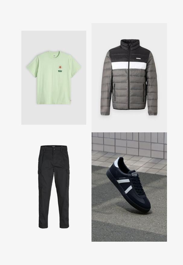 Puffjakke i sort, hvid og grå. Har en stående krave, frontlynlås og lodrette lommer. Teksturede sektioner med quiltet mønster.; Lys grøn bomulds t-shirt, korte ærmer, rund hals. Har et solgrafik i lys orange og et grønt Levi's logo på venstre bryst.; Sorte cargo-bukser lavet af slidstærkt stof, der har flere lommer, en knaplukning og et slim fit design med smalle ben.; Sort lædersneaker med hvide striber, tekstureret gummisål og snørrebånd foran. Har et brandet mærke på tungen.