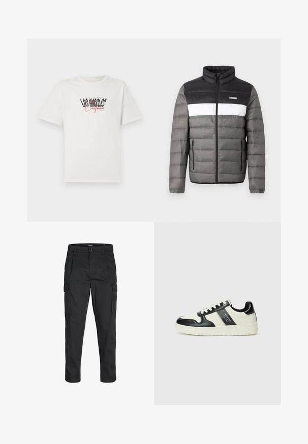 Felkupolos dzseki fekete, fehér és szürke színekben. Álló gallérral, elöl cipzárral és függőleges zsebekkel rendelkezik. Textúrált részek kviltelt mintával.; Fehér pamut póló rövid ujjakkal és kerek nyakkivágással. Black és piros színű "Los Angeles California" grafika díszíti. Egyszerű, laza szabású.; Fekete cargo nadrág, amely tartós anyagból készült, több zsebet tartalmaz, gombos záródással rendelkezik, és karcsú szabású, szűkített lábakkal bír.; Fekete és krém színű bőrsneaker, perforált díszítésekkel, párnázott bokapánttal és texturált talppal.