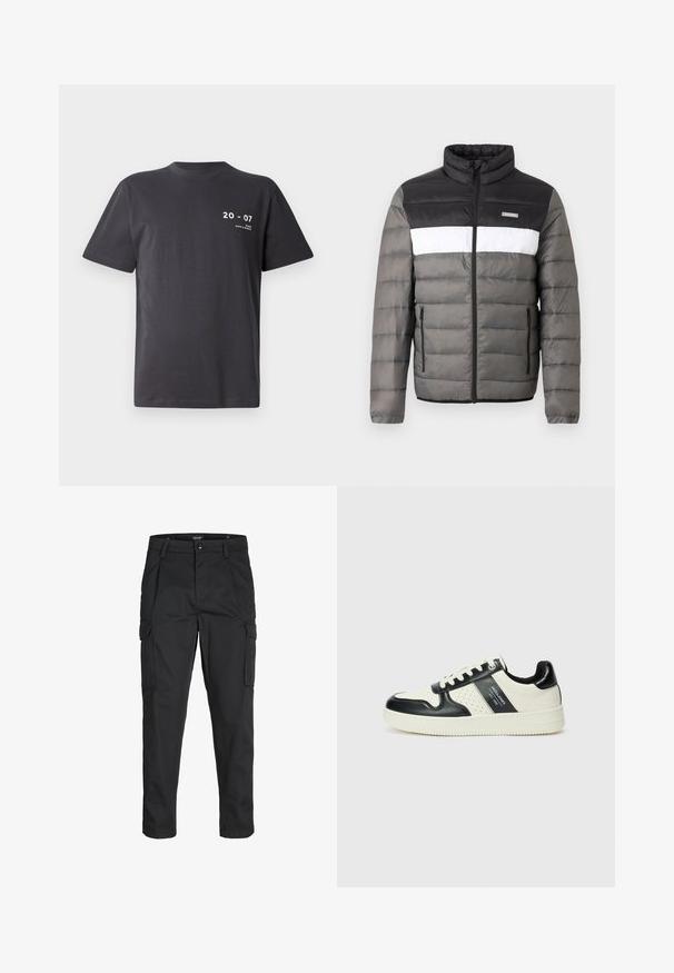 Puhasta jakna v črni, beli in sivi barvi. Ima stoječi ovratnik, sprednji zip in vertikalne žepke. Teksturne sekcije z oblazinjenim vzorcem.; Temno siva bomba majica, kratki rokavi, kroj z okroglim izrezom, z belim besedilom: "20 - 07" in "MIAMI DNEVI IN NOČI" spredaj.; Črne cargo hlače iz trdnega blaga, ki imajo več žepov, gumbasto zapiranje in ozek kroj z zožanimi nogami.; Usnjeni športni čevlji z črno in krem barvno shemo, ki vključujejo perforirane dodatke, podložen ovratnik in strukturirano podplat.