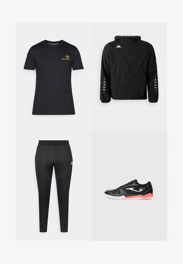 Czarna, lekka kurtka wykonana z nylonu, z zamkiem z przodu, kapturem i elastycznymi mankietami. Posiada logo na klatce piersiowej oraz wzorzyste akcenty na rękawach.; Czarny t-shirt krótkiego rękawa wykonany z bawełny. Posiada żółte logo nadrukowane na lewej piersi. Klasyczny okrągły dekolt, gładka faktura.; Czarne spodnie sportowe wykonane z gładkiego, rozciągliwego materiału, z elastycznym paskiem w talii i białym logo na lewym udzie.; Czarny but sportowy z teksturowaną cholewką, srebrnymi akcentami i pomarańczowym detalem na podeszwie. Posiada białą gumową podeszwę dla lepszej przyczepności.