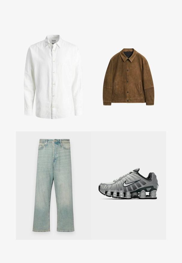 Brown suede jacket with a collar, front button closure, and two side pockets. Features a smooth texture and minimalistic design.; Brown zip-up hoodie made of soft cotton blend fabric, featuring a spacious hood, front pockets, and ribbed cuffs and hem.; White long-sleeve shirt made of linen, featuring a button-down collar, front buttons, and a relaxed fit. Textured fabric is visible.; Light blue denim jeans with a relaxed fit, straight legs, and a faded finish; features a classic button and zipper closure.; Grey and black Nike running shoe with visible spring-like cushioning under the sole and a white swoosh logo on the side.