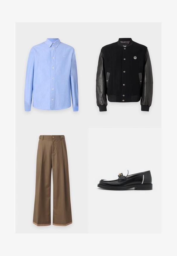 Giacca varsity nera con corpo in lana e maniche in pelle. Presenta bottoni a pressione, due tasche laterali e un'etichetta con logo sul petto.; Maglione nero lavorato a maglia con maniche lunghe, collo a giro e polsini a coste. Presenta le scritte "JUST CAVALLI" e "FIRED EARTH" ricamate in bianco.; Camicia a maniche lunghe di colore azzurro chiaro realizzata in tessuto dalla superficie liscia. Presenta un colletto con bottoni e bottoni bianchi. Piccolo logo sul petto.; Pantaloni a gamba larga in un tessuto marrone scuro, con due tasche laterali, due bottoni decorativi frontali e un dettaglio a contrasto all'orlo.; Mocassino in pelle nera con punta arrotondata, accenti bianchi e dettagli in oro sulla parte anteriore. Presenta un patch testurizzato e un tacco impilato.