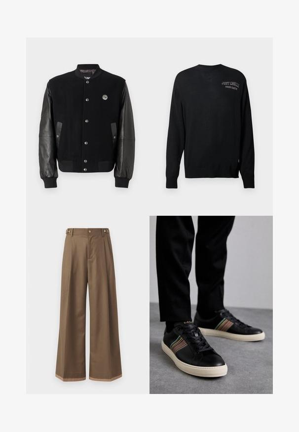 Mustaga varsity-jakk, millel on villane keha ja nahkvarrukad. Omab nööpe, kahte külgtaskut ja logo paika rinnal.; Musta kootud kampsun pika varruga, ümar kaelus ja soonikkoes mansetid. Omab valgeid tikandeid tekstidega "JUST CAVALLI" ja "FIRED EARTH".; Laiad sääred tumepruunides pükstes, millel on kaks küljetaskut, kaks dekoratiivset nupukest ees ja kontrastne äärise detail.; Mustad nahast spordijalatsid mitmevärviliste triipudega aktsentide, ümmarguse nina, ja valgete kummist talladega, omades paeladese disaini ja volditud brändimist.