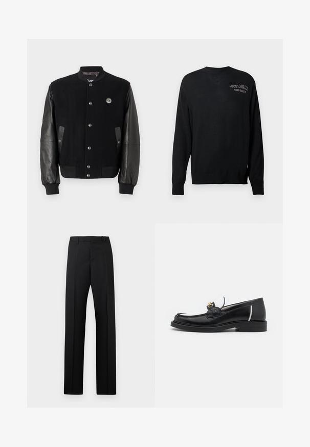Black varsity jacket with wool body and leather sleeves. Features snap buttons, two side pockets, and a logo patch on the chest.; Black knitted sweater with long sleeves, crew neck, and ribbed cuffs. Features "JUST CAVALLI" and "FIRED EARTH" embroidered in white.; Black high-waisted straight-leg trousers with belt loops and pressed creases, displayed against a white background.; Black leather loafer with a rounded toe, white accents, and gold hardware on the vamp. Features a textured patch and stacked heel.