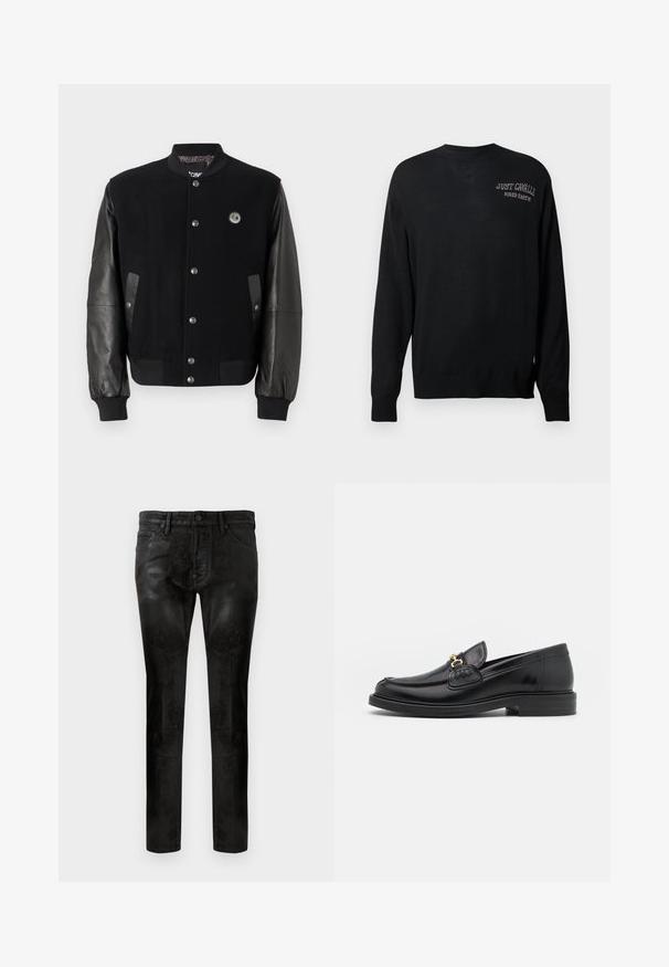 Fekete egyetemi dzseki gyapjús testtel és bőr ujjakkal. Kaponás gombokkal, két oldalsó zsebbel és logóval ellátott folttal a mellkason.; Fekete kötött pulóver hosszú ujjakkal, kerek nyakkal és bordázott mandzsettákkal. A "JUST CAVALLI" és a "FIRED EARTH" feliratok fehér hímzéssel készültek.; Fekete, slim-fit nadrág sima, fényes textúrával, elülső zsebekkel, egygombos záródással és diszkrét varrási részletekkel.; Fekete bőr loaferek, lekerekített orral, aranyszínű fémrész és varrási részletek díszítik, alacsony, strukturált gumitalpon.