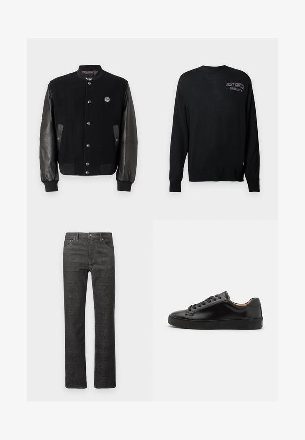 Mustaga varsity-jakk, millel on villane keha ja nahkvarrukad. Omab nööpe, kahte külgtaskut ja logo paika rinnal.; Musta kootud kampsun pika varruga, ümar kaelus ja soonikkoes mansetid. Omab valgeid tikandeid tekstidega "JUST CAVALLI" ja "FIRED EARTH".; Mustmustest sirgedega sirgedega teksad, millel on esitaskud ja tagataskud, vöökohad ja nööbikinnitus, valgel taustal.; Must värvi nahast spordikingad sileda viimistlusega, ümmarguse varbaga ja mustade paeltega. Omab minimaalset brändimist kontsapooles ja kummist tallat.