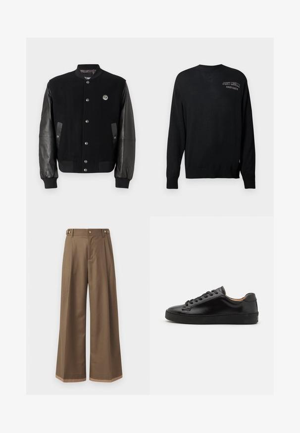 Mustan yliopistotakin villaiset osat ja nahkahiha. Ominaisuuksiin kuuluu napsunapit, kaksi sivutaskua ja logo-patch rinnassa.; Mustat neulotut neuleet pitkillä hihoilla, pyöreällä kaula-aukolla ja ribboilla varustetuilla hihoilla. Sisältää valkoisella brodeeratut "JUST CAVALLI" ja "FIRED EARTH".; Valkoiset housut tummasta ruskeasta kankaasta, joissa on kaksi sivutaskua, kaksi koristeellista etunappia ja kontrastivärinen helma.; Musta nahkakengät, joissa on sileä pinta, pyöreä kärki ja mustat nauhat. Varustettu vähäisellä brändäyksellä kantapäässä ja kumipohjalla.