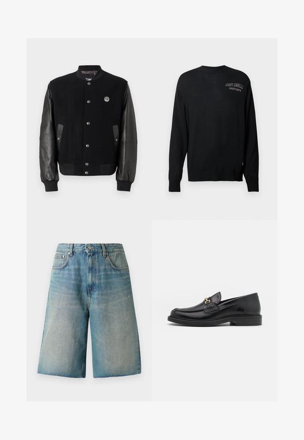 Mustan yliopistotakin villaiset osat ja nahkahiha. Ominaisuuksiin kuuluu napsunapit, kaksi sivutaskua ja logo-patch rinnassa.; Mustat neulotut neuleet pitkillä hihoilla, pyöreällä kaula-aukolla ja ribboilla varustetuilla hihoilla. Sisältää valkoisella brodeeratut "JUST CAVALLI" ja "FIRED EARTH".; Vaaleansiniset farkkushortsit, joissa on suora leikkaus, korkea vyötärö ja frayed-helma. Sisältää viisi taskua ja nappikiinnityksen edessä.; Musta nahkainen loafers-tyylinen kengät, joissa on pyöreä kärki, kultaiset yksityiskohdat ja ompelutiedot, asetettu matalalle, teksturoidulle kumipohjalle.