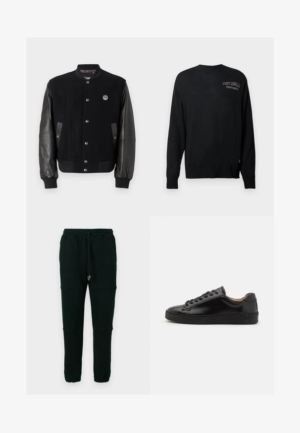 Black varsity jacket with wool body and leather sleeves. Features snap buttons, two side pockets, and a logo patch on the chest.; Black knitted sweater with long sleeves, crew neck, and ribbed cuffs. Features "JUST CAVALLI" and "FIRED EARTH" embroidered in white.; Black tapered sweatpants with elastic cuffs, side pockets, drawstring waist, and knee seam detailing on a plain background.; Black leather sneaker with a smooth finish, round toe, and black laces. Features minimal branding on the heel and a rubber outsole.