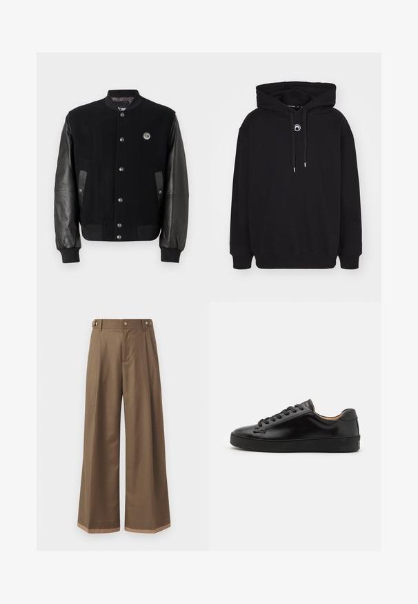 Veste de varsity noire avec un corps en laine et des manches en cuir. Elle présente des boutons pression, deux poches latérales et un écusson de logo sur la poitrine.; Sweat-shirt noir avec capuche, équipé d'un cordon de serrage à l'avant, de poignets et d'un ourlet côtelés, et d'un petit détail circulaire brodé sur la poitrine.; Pantalons à larges jambes en tissu marron foncé, avec deux poches latérales, deux boutons décoratifs à l'avant et un détail de ourlet contrastant.; Baskets en cuir noir avec une finition lisse, bout arrondi et lacets noirs. Présente un branding minimal sur le talon et une semelle en caoutchouc.