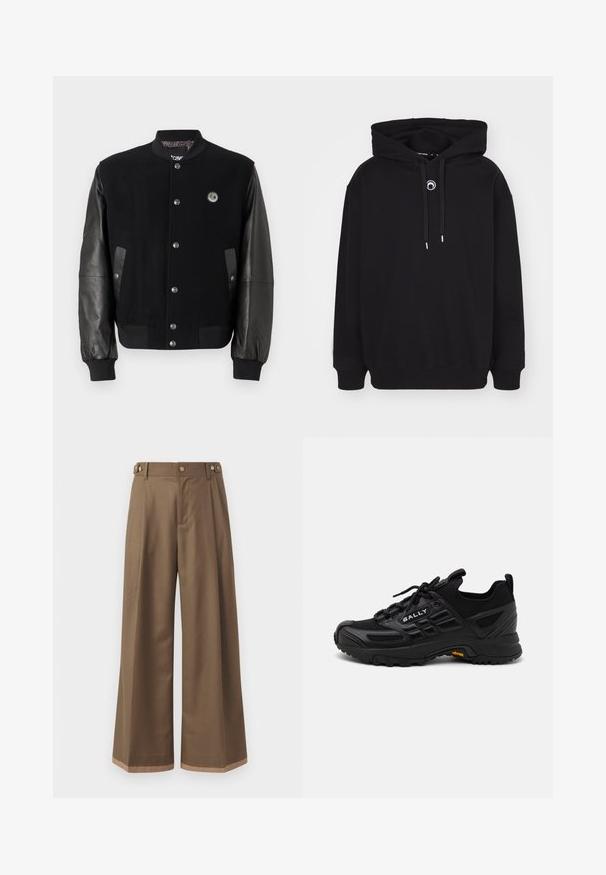 Jachetă universitară neagră cu corp din lână și mâneci din piele. Prezintă nasturi tip snap, două buzunare laterale și un patch cu logo pe piept.; Hanorac negru cu glugă, având șnur în față, manșete și margine ribbată, și un mic detaliu brodat circular pe piept.; Pantaloni largi dintr- о țesătură maro închis, prevăzuți cu două buzunare laterale, două butoane decorative în față și un detaliu de tiv în contrast.; Pantofi sport negri cu un amestec de materiale sintetice texturate și plasă. Prezintă o talpă solidă, un sistem de șireturi și un detaliu proeminent cu logo.