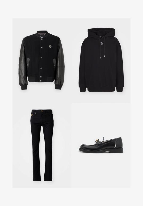 Jachetă universitară neagră cu corp din lână și mâneci din piele. Prezintă nasturi tip snap, două buzunare laterale și un patch cu logo pe piept.; Hanorac negru cu glugă, având șnur în față, manșete și margine ribbată, și un mic detaliu brodat circular pe piept.; Blugi negri cu o croială slim, fabricați din denim. Au un închidere cu buton frontal, două buzunare frontale și detalii decorative la talie.; Mocasin din piele neagră cu vârful rotund, accente albe și detalii din aur pe partea superioară. Prezintă o pată texturată și un toc stratificat.