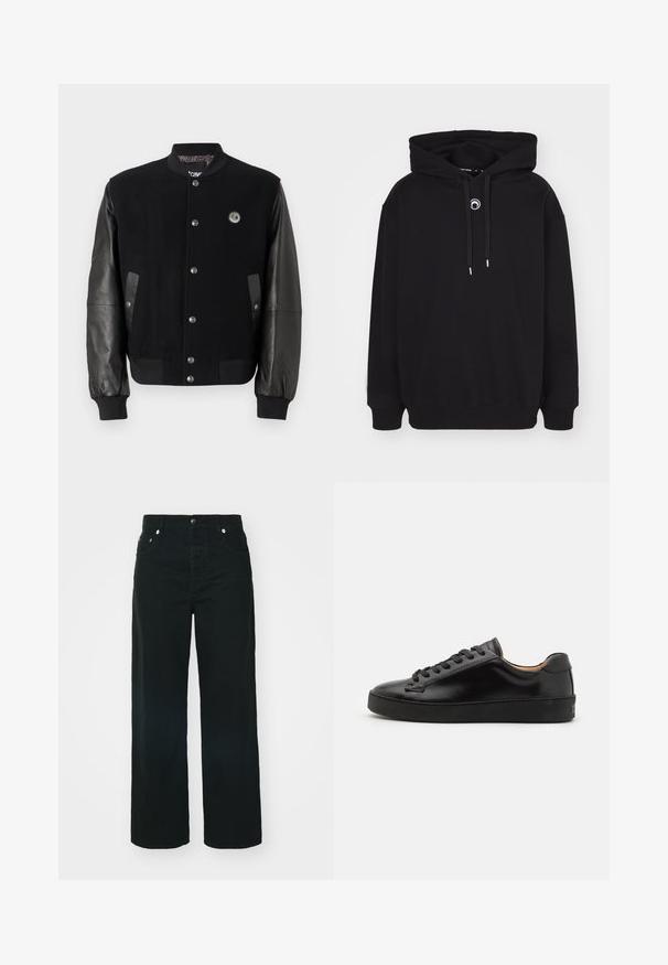 Black varsity jacket with wool body and leather sleeves. Features snap buttons, two side pockets, and a logo patch on the chest.; Black sweatshirt with a hood, featuring a front drawstring, ribbed cuffs and hem, and a small circular embroidered detail on the chest.; Black wide-leg denim pants with a high waist, featuring front pockets, a button closure, and subtle stitching details.; Black leather sneaker with a smooth finish, round toe, and black laces. Features minimal branding on the heel and a rubber outsole.