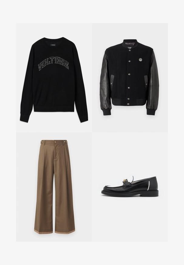 Mustan yliopistotakin villaiset osat ja nahkahiha. Ominaisuuksiin kuuluu napsunapit, kaksi sivutaskua ja logo-patch rinnassa.; Mustat neuleet, jossa on pyöreä kaula-aukko ja pitkät hihat. "VOLTAIRE" -teksti kontrastivärisillä ompeleilla rinnassa. Pehmeä rakenne ja istuva muotoilu.; Valkoiset housut tummasta ruskeasta kankaasta, joissa on kaksi sivutaskua, kaksi koristeellista etunappia ja kontrastivärinen helma.; Musta nahkainen loaferi pyöreällä varvalla, valkoisilla yksityiskohdilla ja kultaisilla koristeilla vampissa. Siinä on teksturoitu läppä ja paksut korot.
