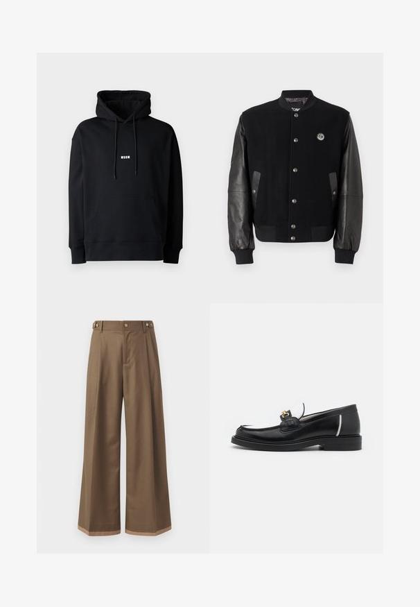 Mustaga varsity-jakk, millel on villane keha ja nahkvarrukad. Omab nööpe, kahte külgtaskut ja logo paika rinnal.; Mustmustamine musta kapuutsi ja paela, ees taskut, soonikkoes ja -alus, esiküljel väike valge "MSGM" logo.; Laiad sääred tumepruunides pükstes, millel on kaks küljetaskut, kaks dekoratiivset nupukest ees ja kontrastne äärise detail.; Must have must kastanaga sääniga, valgete aktsentide ja kuldsete detailidega. Omab tekstuuriga paika ja kuhjatud kontsa.