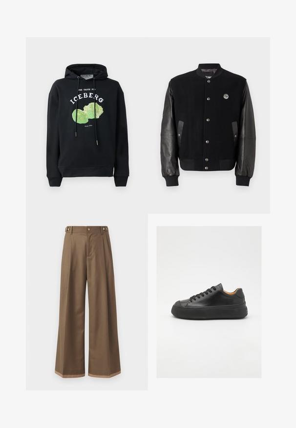 Black varsity jacket with wool body and leather sleeves. Features snap buttons, two side pockets, and a logo patch on the chest.; Black hoodie with drawstrings and front graphic of a green lettuce design. Features printed text: "THE TASTE FOR ICEBERG" and "Since 1974."; Wide-leg trousers in a dark brown fabric, featuring two side pockets, two decorative front buttons, and a contrast hem detail.; Black leather sneaker with a round toe, lace-up front, smooth texture, thick rubber sole, and contrasting tan interior.