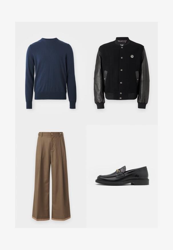 Black varsity jacket with wool body and leather sleeves. Features snap buttons, two side pockets, and a logo patch on the chest.; Navy blue long-sleeve crew neck sweater with ribbed cuffs and hem, displayed against a white background.; Wide-leg trousers in a dark brown fabric, featuring two side pockets, two decorative front buttons, and a contrast hem detail.; Black leather loafers with a rounded toe, featuring gold hardware accent and stitching detail, set on a low, textured rubber sole.