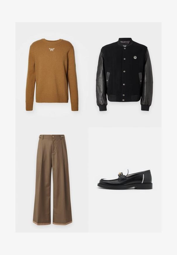 Giacca varsity nera con corpo in lana e maniche in pelle. Presenta bottoni a pressione, due tasche laterali e un'etichetta con logo sul petto.; Maglione marrone con collo tondo, polsini e orlo a coste, realizzato in un tessuto morbido, con un piccolo logo bianco sul petto.; Pantaloni a gamba larga in un tessuto marrone scuro, con due tasche laterali, due bottoni decorativi frontali e un dettaglio a contrasto all'orlo.; Mocassino in pelle nera con punta arrotondata, accenti bianchi e dettagli in oro sulla parte anteriore. Presenta un patch testurizzato e un tacco impilato.
