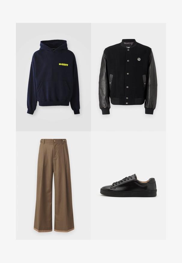 Černá varsity bunda s vlněným tělem a koženými rukávy. Má patentky, dvě boční kapsy a logo na hrudi.; Námorně modrá mikina s kapucí a přední kapsou, se žlutým logem "MISBHV" na horní levé straně hrudníku, zobrazená na bílém pozadí.; Široké kalhoty z tmavě hnědé tkaniny, které mají dvě boční kapsy, dva dekorační přední knoflíky a kontrastní lem.; Černé kožené tenisky s hladkým povrchem, kulatou špičkou a černými tkaničkami. Mají minimální branding na patě a gumovou podešev.