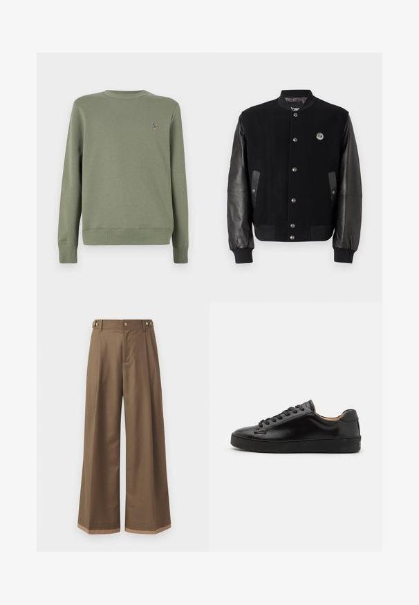 Giacca varsity nera con corpo in lana e maniche in pelle. Presenta bottoni a pressione, due tasche laterali e un'etichetta con logo sul petto.; Felpa verde oliva realizzata in morbido cotone misto. Presenta maniche lunghe, colletto rotondo e un piccolo logo ricamato sul petto.; Pantaloni a gamba larga in un tessuto marrone scuro, con due tasche laterali, due bottoni decorativi frontali e un dettaglio a contrasto all'orlo.; Sneaker in pelle nera con finitura liscia, punta rotonda e lacci neri. Presenta un branding minimale sul tallone e una suola in gomma.