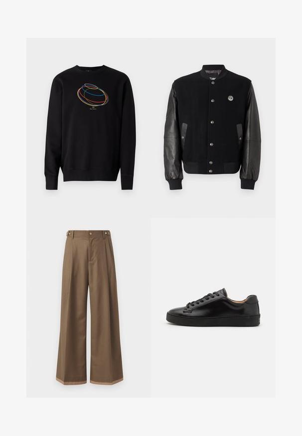 Giacca varsity nera con corpo in lana e maniche in pelle. Presenta bottoni a pressione, due tasche laterali e un'etichetta con logo sul petto.; Felpa nera con un design grafico circolare multicolore e testo dorato "PS Paul Smith" sul petto. Tessuto di cotone, scollo rotondo.; Pantaloni a gamba larga in un tessuto marrone scuro, con due tasche laterali, due bottoni decorativi frontali e un dettaglio a contrasto all'orlo.; Sneaker in pelle nera con finitura liscia, punta rotonda e lacci neri. Presenta un branding minimale sul tallone e una suola in gomma.