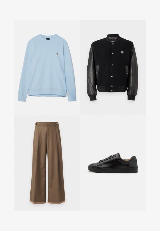 Black varsity jacket with wool body and leather sleeves. Features snap buttons, two side pockets, and a logo patch on the chest.; Light blue sweatshirt with a crew neckline and ribbed cuffs. Features a small embroidered design on the chest. Soft fabric texture.; Wide-leg trousers in a dark brown fabric, featuring two side pockets, two decorative front buttons, and a contrast hem detail.; Black leather sneaker with a smooth finish, round toe, and black laces. Features minimal branding on the heel and a rubber outsole.