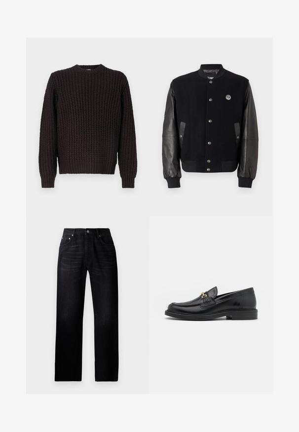 Fekete egyetemi dzseki gyapjús testtel és bőr ujjakkal. Kaponás gombokkal, két oldalsó zsebbel és logóval ellátott folttal a mellkason.; Won Hundred RYDER - Pulóver - black; Fekete egyenes szárú farmernadrág, elhasználódott textúrával, öt zsebbel és fémből készült gombos záródással a derekán.; Fekete bőr loaferek, lekerekített orral, aranyszínű fémrész és varrási részletek díszítik, alacsony, strukturált gumitalpon.