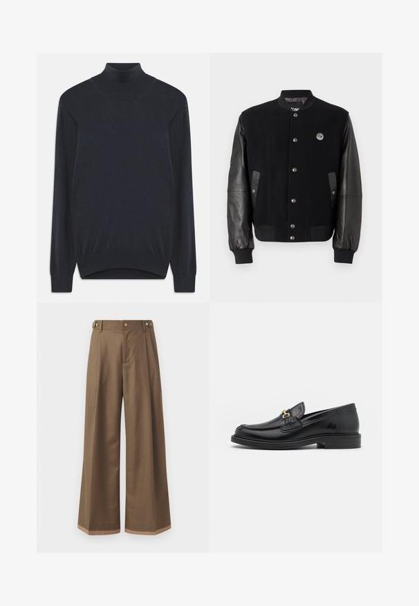 Fekete egyetemi dzseki gyapjús testtel és bőr ujjakkal. Kaponás gombokkal, két oldalsó zsebbel és logóval ellátott folttal a mellkason.; Sötét Navy kereknyakú pulóver, puha kötött anyagból, hosszú ujjakra és bordázott nyakvonalra, valamint szegélyre jellemző. Egyszerű, klasszikus dizájn.; Sötétbarna anyagú, bővített szárú nadrág, két oldalsó zsebbel, két díszítő elülső gombbal és kontrasztos szegérrésszel.; Fekete bőr loaferek, lekerekített orral, aranyszínű fémrész és varrási részletek díszítik, alacsony, strukturált gumitalpon.