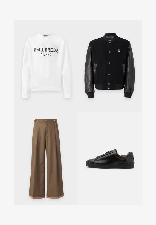 Giacca varsity nera con corpo in lana e maniche in pelle. Presenta bottoni a pressione, due tasche laterali e un'etichetta con logo sul petto.; Felpa bianca realizzata in materiale morbido, con collo rotondo, maniche lunghe e un logo nero "DSQUARED2 MILANO" sul davanti.; Pantaloni a gamba larga in un tessuto marrone scuro, con due tasche laterali, due bottoni decorativi frontali e un dettaglio a contrasto all'orlo.; Sneaker in pelle nera con finitura liscia, punta rotonda e lacci neri. Presenta un branding minimale sul tallone e una suola in gomma.