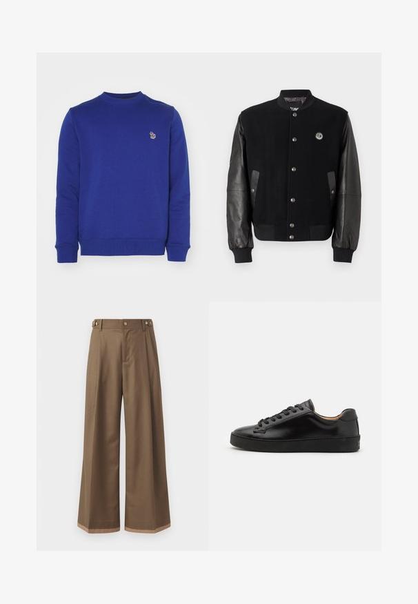 Schwarze Collegejacke mit Wollkörper und Lederärmeln. Verfügt über Druckknöpfe, zwei seitliche Taschen und ein Logo-Patch auf der Brust.; Blaues Sweatshirt aus weichem Stoff, mit Rundhalsausschnitt und gerippten Bündchen. Es hat ein kleines gesticktes Logo auf der Brust.; Weite Beinkleider aus einem dunkelbraunen Stoff, mit zwei Seiten Taschen, zwei dekorativen vorderen Knöpfen und einem kontrastierenden Saumdetail.; Schwarze Ledersneaker mit einer glatten Oberfläche, runder Zehenpartie und schwarzen Schnürsenkeln. Verfügt über ein minimalistisches Branding an der Ferse und eine Gummisohle.