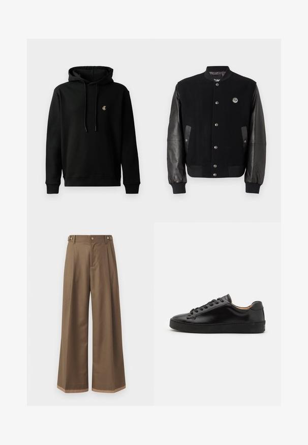 Schwarze Collegejacke mit Wollkörper und Lederärmeln. Verfügt über Druckknöpfe, zwei seitliche Taschen und ein Logo-Patch auf der Brust.; Schwarzer Hoodie aus Baumwollmischung, mit einer vorderen Kängurutasche, Kapuze mit Kordelzug und kleinem gesticktem Logo auf der Brust.; Weite Beinkleider aus einem dunkelbraunen Stoff, mit zwei Seiten Taschen, zwei dekorativen vorderen Knöpfen und einem kontrastierenden Saumdetail.; Schwarze Ledersneaker mit einer glatten Oberfläche, runder Zehenpartie und schwarzen Schnürsenkeln. Verfügt über ein minimalistisches Branding an der Ferse und eine Gummisohle.