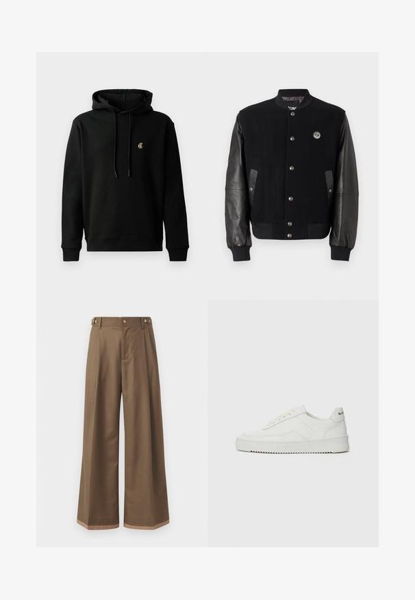 Mustaga varsity-jakk, millel on villane keha ja nahkvarrukad. Omab nööpe, kahte külgtaskut ja logo paika rinnal.; Mustan puuvillasegu hoodie, millel on ees kangaroo tasku, nööriga kapuuts ja rinnas väike tikandiga logo.; Laiad sääred tumepruunides pükstes, millel on kaks küljetaskut, kaks dekoratiivset nupukest ees ja kontrastne äärise detail.; Valge nahast tennis, millel on sile põhi, ümar varvas, lamedad nöörid ja tekstuuriline tall. Sisaldab diskreetset logo kontsaribal.