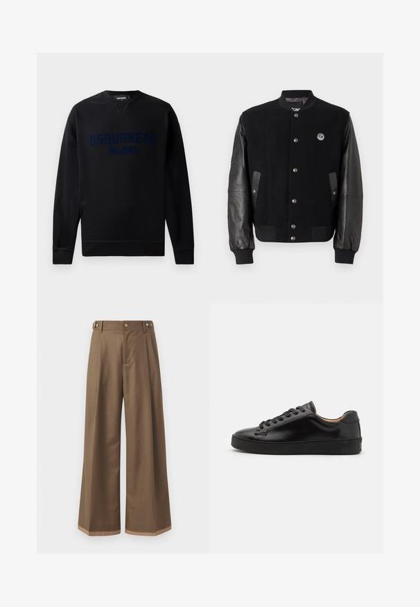 Čierna univerzitná bunda s vlneným telom a koženými rukávmi. Obsahuje cvoky, dve bočné vrecká a nášivku s logom na hrudi.; Čierna mikina so širokým výstrihom a dlhými rukávmi. Na prednej strane je vyvýšený grafický prvok "DSQUARED2 MILANO" v tmavomodrej farbe. Mäkký materiál.; Široké nohavice z tmavohnedej textílie, s dvoma bočnými vreckami, dvoma dekoračnými prednými gombíkmi a kontrastným detailom na leme.; Čierne kožené tenisky s hladkým povrchom, okrúhlou špičkou a čiernymi šnúrkami. Obsahujú minimálne označenie na päte a gumovú podrážku.
