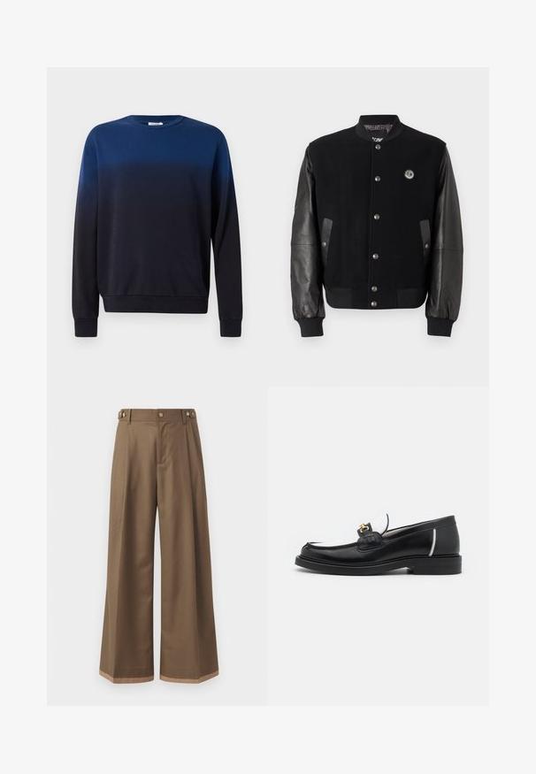 Černá varsity bunda s vlněným tělem a koženými rukávy. Má patentky, dvě boční kapsy a logo na hrudi.; Svetr s modro-černým ombré, kulatý výstřih, dlouhé rukávy, měkký materiál, žebrované manžety a lem, minimalistický design bez vzorů nebo akcentů.; Široké kalhoty z tmavě hnědé tkaniny, které mají dvě boční kapsy, dva dekorační přední knoflíky a kontrastní lem.; Černé kožené mokasíny s kulatou špičkou, bílými akcenty a zlatými detaily na nártu. Mají strukturovanou nášivku a vrstvený podpatek.