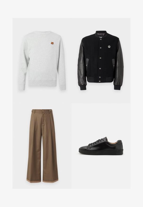 Jachetă universitară neagră cu corp din lână și mâneci din piele. Prezintă nasturi tip snap, două buzunare laterale și un patch cu logo pe piept.; Hanorac gri cu mâneci lungi, guler rotund și manșete ribbate, având un mic cap de vulpe brodat pe partea stângă a pieptului. Material moale, texturat.; Pantaloni largi dintr- о țesătură maro închis, prevăzuți cu două buzunare laterale, două butoane decorative în față și un detaliu de tiv în contrast.; Tenis cu un aspect neted, din piele neagră, cu vârf rotund și șireturi negre. Prezentă o branding minim pe călcâi și o talpă din cauciuc.