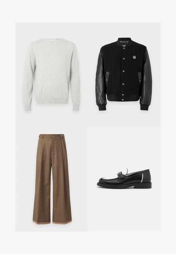 Black varsity jacket with wool body and leather sleeves. Features snap buttons, two side pockets, and a logo patch on the chest.; Light grey long-sleeve crewneck sweater with ribbed cuffs and hem, displayed on a plain background.; Wide-leg trousers in a dark brown fabric, featuring two side pockets, two decorative front buttons, and a contrast hem detail.; Black leather loafer with a rounded toe, white accents, and gold hardware on the vamp. Features a textured patch and stacked heel.