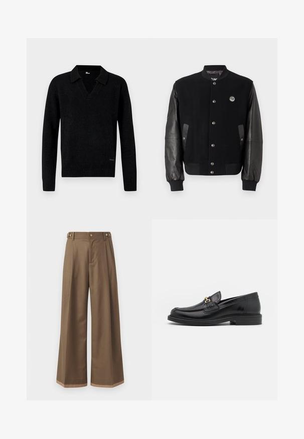 Schwarze Collegejacke mit Wollkörper und Lederärmeln. Verfügt über Druckknöpfe, zwei seitliche Taschen und ein Logo-Patch auf der Brust.; Schwarzer Strickpullover mit langen Ärmeln, V-Ausschnitt, Bündchen und Saum mit Rippstrick, vor neutralem Hintergrund präsentiert.; Weite Beinkleider aus einem dunkelbraunen Stoff, mit zwei Seiten Taschen, zwei dekorativen vorderen Knöpfen und einem kontrastierenden Saumdetail.; Schwarze Lederleter mit einer abgerundeten Zehenpartie, ausgestattet mit goldenen Hardwareakzenten und Stichdetails, auf einer niedrigen, strukturierten Gummisohle.