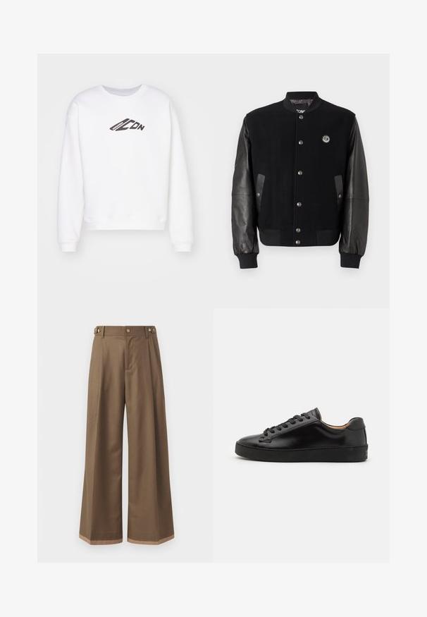 Giacca varsity nera con corpo in lana e maniche in pelle. Presenta bottoni a pressione, due tasche laterali e un'etichetta con logo sul petto.; Felpa bianca con colletto a girocollo, caratterizzata da un logo nero "ICON" stampato sul davanti. Ha una vestibilità comoda e polsini a costine sulle maniche.; Pantaloni a gamba larga in un tessuto marrone scuro, con due tasche laterali, due bottoni decorativi frontali e un dettaglio a contrasto all'orlo.; Sneaker in pelle nera con finitura liscia, punta rotonda e lacci neri. Presenta un branding minimale sul tallone e una suola in gomma.