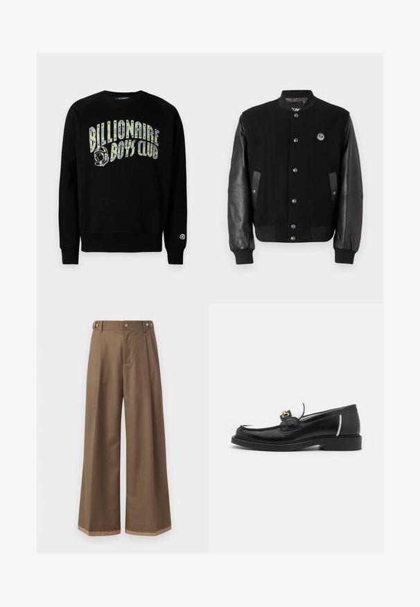 Melnā universitātes jakā ar vilnas ķermeni un ādas piedurknēm. Iekļauj snap pogas, divas sānu kabatas un logo uzplecu uz krūtīm.; Melnas sporta krekls ar grafisku apdruku, kurā redzams teksts "Billionaire Boys Club" un astronauta logo. Izgatavots no mīksta materiāla ar ribotām piedurknēm.; Plati bikses tumši brūnā audumā, ar divām sānu kabatām, diviem dekoratīviem priekšējiem pogām un kontrastējošu apakšējo malumu detaļu.; Melnas ādas loferes ar noapaļotu purngalu, baltajiem akcentiem un zeltainām detaļām uz vamp. Iespējams, teksturēts pleksis un sakrauta papēža.