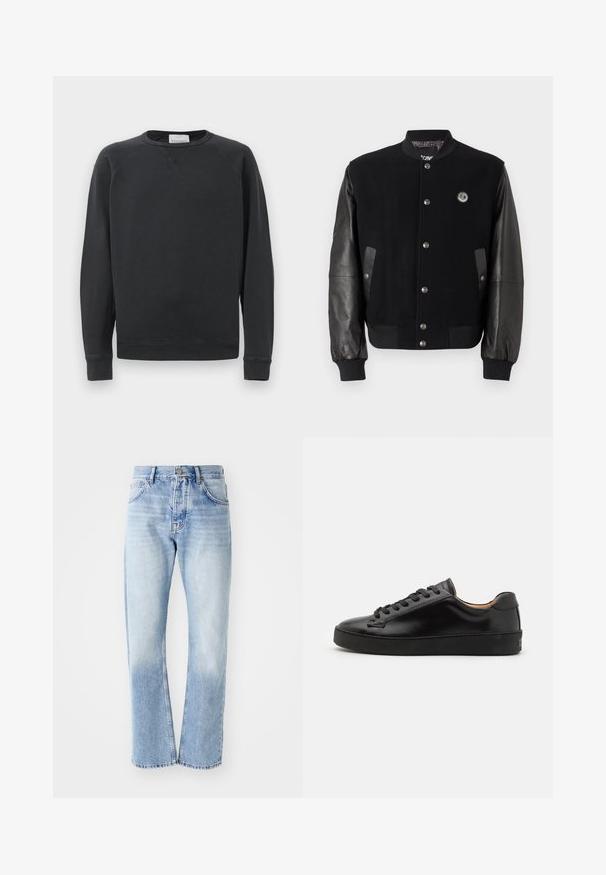 Black varsity jacket with wool body and leather sleeves. Features snap buttons, two side pockets, and a logo patch on the chest.; Black long-sleeve crewneck sweatshirt with ribbed cuffs and hem, subtle V-stitch detail below the collar, and brand label inside the neckline.; Light blue denim jeans with a straight-leg cut. Features a five-pocket design, button fly, and faded texture towards the bottom.; Black leather sneaker with a smooth finish, round toe, and black laces. Features minimal branding on the heel and a rubber outsole.