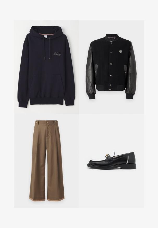 Čierna univerzitná bunda s vlneným telom a koženými rukávmi. Obsahuje cvoky, dve bočné vrecká a nášivku s logom na hrudi.; Námořnický modrý mikina s kapucí, která má přední kapsu, šňůrky a malé bílé písmo popisující značku a adresu. Vyrobena z měkkého materiálu.; Široké nohavice z tmavohnedej textílie, s dvoma bočnými vreckami, dvoma dekoračnými prednými gombíkmi a kontrastným detailom na leme.; Čierne kožené mokasíny s okrúhlou špičkou, bielymi akcentmi a zlatými detailmi na priehlavku. Obsahujú textúrovanú nášivku a vrstvený podpätok.