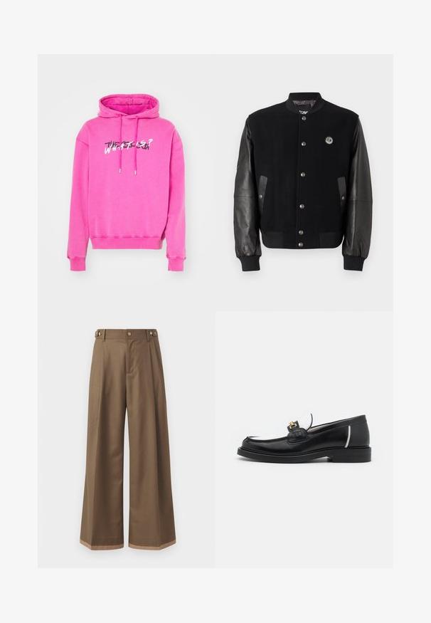 Melnā universitātes jakā ar vilnas ķermeni un ādas piedurknēm. Iekļauj snap pogas, divas sānu kabatas un logo uzplecu uz krūtīm.; Rozā kapuce ar pievelkamu kapuci, ribotām aprocēm un grafisku druku, kurā uzrakstīts "KAS IR?" kontrastējošās krāsās priekšpusē.; Plati bikses tumši brūnā audumā, ar divām sānu kabatām, diviem dekoratīviem priekšējiem pogām un kontrastējošu apakšējo malumu detaļu.; Melnas ādas loferes ar noapaļotu purngalu, baltajiem akcentiem un zeltainām detaļām uz vamp. Iespējams, teksturēts pleksis un sakrauta papēža.